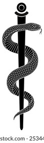 Black snake entwined staff in shape of Rod of Asclepius sign. Tattoo design of serpent and wand joined as symbol of medicine and health care. Isolated silhouette vector illustration.