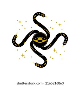 Black snake with eye and celestial stars mystic witch boho tattoo flat vector icon design.