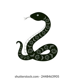 Black snake with flower pattern on white background. Vector illustration.