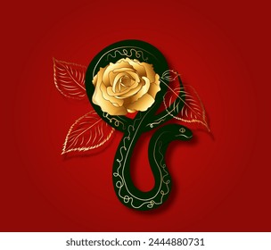 Black snake and gold roses illustration. Vector illustration. Symbol of 2025 lunar year