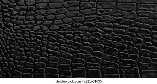 Black snake leather realistic texture. Reptile skin pattern, vector illustration. Alligator premium skin ornament background. Crocodile luxury leather, top view. Fabric fashion template. Wild banner