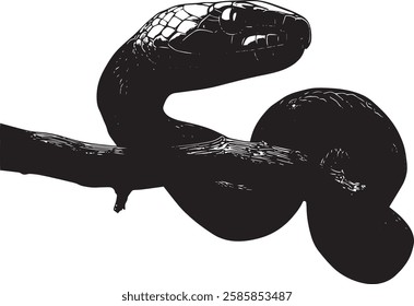 Black Snake on Branch, Vector Illustration on White Background