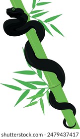 Black snake on green bamboo stem composition illustration