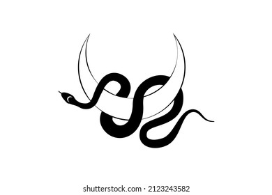 Black Snake on Magic mystic Crescent Moon. Sacred geometry, celestial pagan Wiccan goddess symbol. Half moon wicca banner sign, tattoo, energy circle, boho style, vector isolated on white background