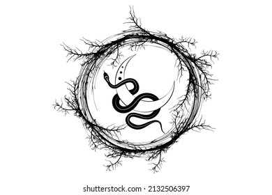 Black Snake on Magic mystic Crescent Moon in wreath of branches. Sacred geometry, celestial pagan Wiccan goddess symbol. sign, tattoo, energy circle, boho style, vector isolated on white background svg