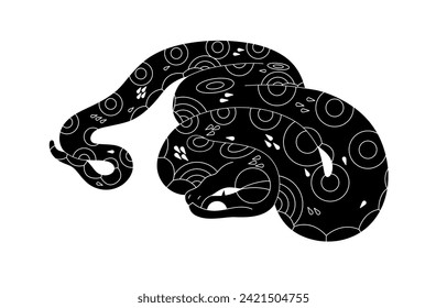 Black snake with patterned skin line art. Venomous curled viper silhouette. Monochrome serpent with geometric shapes on ornamented scale. Poisonous animal. Flat isolated vector illustration on white