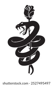 black snake with rose isolated on white background