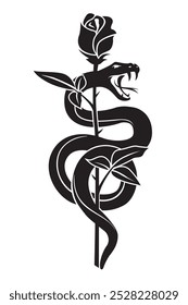 black snake with rose isolated on white background