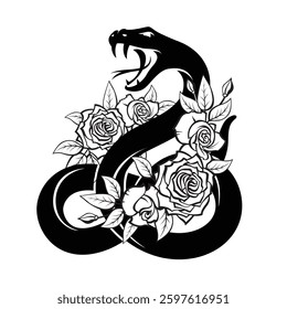 black snake with roses isolated on white background