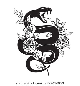 black snake with roses isolated on white background