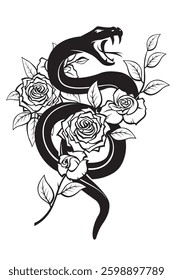 black snake with roses isolated on white background