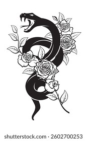 black snake with roses isolated on white background