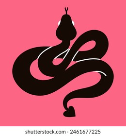 Black snake serpent isolated on pink background. Flat vector mystical illustration. Logo design, tattoo