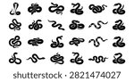 Black Snake Silhouette Icon Set with Various Slithering and Coiled Serpent Poses, Collection of illustrated snake icons in various poses and styles, perfect for graphic design and educational purposes, Green snake icon set featuring coiled, slithering, and hooded cobra vectors isolated on white background