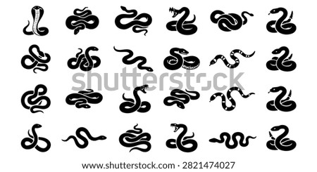 Black Snake Silhouette Icon Set with Various Slithering and Coiled Serpent Poses, Collection of illustrated snake icons in various poses and styles, perfect for graphic design and educational purposes, Green snake icon set featuring coiled, slithering, and hooded cobra vectors isolated on white background