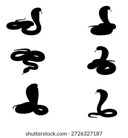Black snake silhouette set isolated on white background, wildlife reptile shapes for logos, tattoos, posters, prints, branding, and graphic design use.