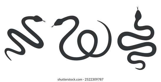 Black snake silhouettes set. Hand drawn snakes with different shapes. Wild animals or tropical nature theme. Symbol of 2025 Chinese New Year. Vector illustration on white background. 