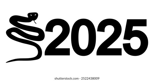 Black snake slithering next to the year 2025, silhouette. Vector illustration