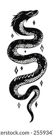 The black snake is a symbol of wisdom, good luck and prosperity. The mascot. Tattoo concept. Print.