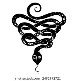 Black Snake vector illustration for tattoo design. Snake of mystical magic object: moon and stars. Spiritual occultism symbols, esoteric objects.  Lunar new year 2025. Zodiac sign for greetings card.