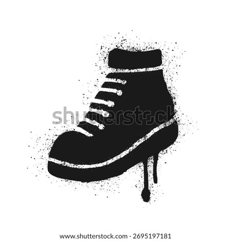 Black sneaker graffiti icon made in spray paint style on white background. Urban street art illustration of a shoe with dripping paint and grunge splatter texture. Artwork for sport, fitness, running