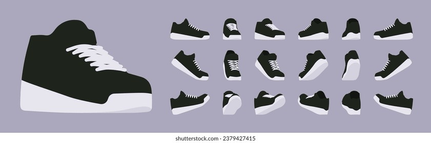 Black sneaker platform shoe, sport set for running, walking performance. Athletic gym footwear, accessory. Health, wellness, physical education fitness cartoon illustration, different views