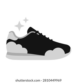 A black sneaker with a white cloud-shaped sole and sparkles on a white background, perfect for design and fashion concepts