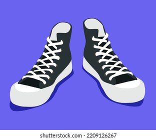 Pandillas negras. Modernas y modernas zapatillas de deporte para entrenarse o todos los días. Vector plano aislado en fondo azul. Zapatos elegantes para mujeres y hombres.