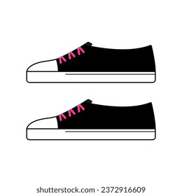 Black sneakers with pink laces. Gothic aesthetic in y2k, 90s, 00s and 2000s style. Emo Goth tattoo sticker black white pink colors. Vector illustration