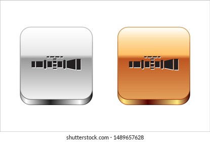Black Sniper optical sight icon isolated on white background. Sniper scope crosshairs. Silver-gold square button. Vector Illustration