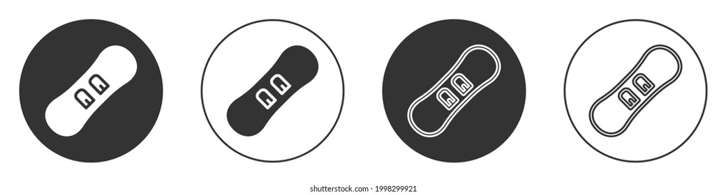 Black Snowboard icon isolated on white background. Snowboarding board icon. Extreme sport. Sport equipment. Circle button. Vector