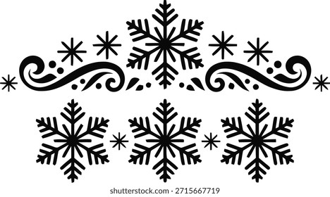 Borde negro del copo de nieve con remolinos y puntos de invierno