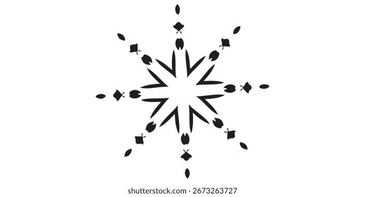 A black snowflake design featuring geometric shapes and radial symmetry, with pointed arms and decorative elements.