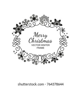 Black snowflake frame, festive decoration on white background, Christmas design for invitation, greeting card or postcard. Vector illustration, merry xmas snow flake framework
