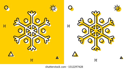 Black Snowflake icon isolated on yellow and white background. Random dynamic shapes. Vector Illustration