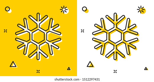 Black Snowflake icon isolated on yellow and white background. Random dynamic shapes. Vector Illustration