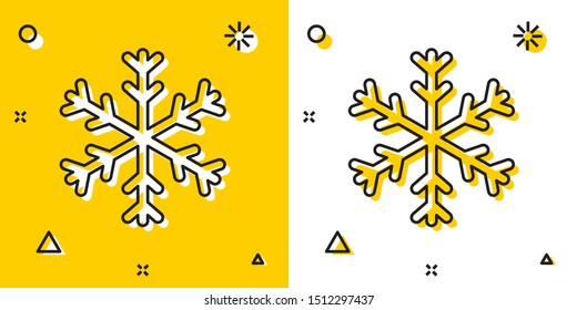 Black Snowflake icon isolated on yellow and white background. Random dynamic shapes. Vector Illustration