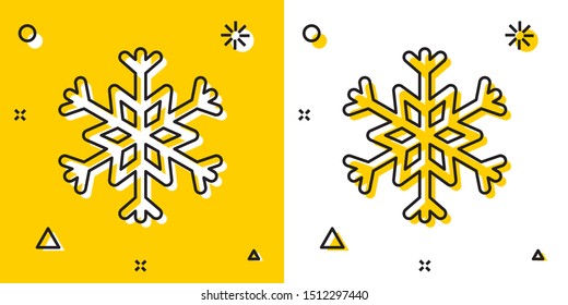 Black Snowflake icon isolated on yellow and white background. Random dynamic shapes. Vector Illustration