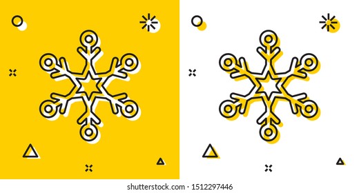 Black Snowflake icon isolated on yellow and white background. Random dynamic shapes. Vector Illustration