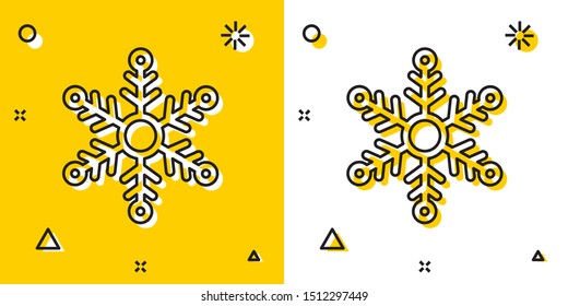 Black Snowflake icon isolated on yellow and white background. Random dynamic shapes. Vector Illustration