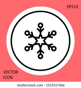 Black Snowflake icon isolated on red background. White circle button. Vector Illustration