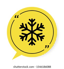 Black Snowflake icon isolated on white background. Yellow speech bubble symbol. Vector Illustration
