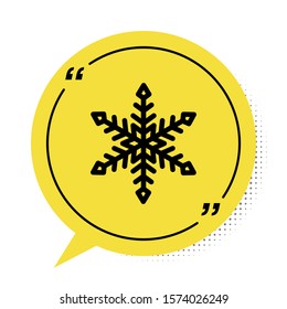 Black Snowflake icon isolated on white background. Yellow speech bubble symbol. Vector Illustration