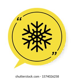 Black Snowflake icon isolated on white background. Yellow speech bubble symbol. Vector Illustration