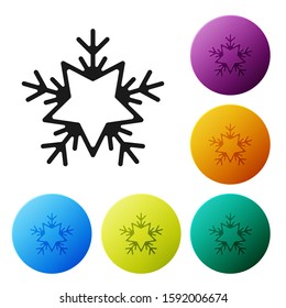 Black Snowflake icon isolated on white background. Merry Christmas and Happy New Year. Set icons colorful circle buttons. Vector Illustration