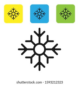 Black Snowflake icon isolated on white background. Merry Christmas and Happy New Year. Set icons colorful square buttons. Vector Illustration