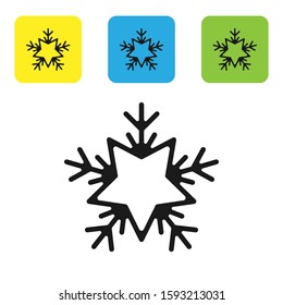 Black Snowflake icon isolated on white background. Merry Christmas and Happy New Year. Set icons colorful square buttons. Vector Illustration