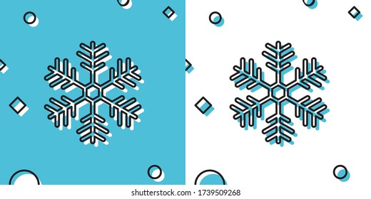 Black Snowflake icon isolated on blue and white background. Random dynamic shapes. Vector Illustration