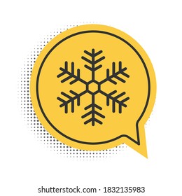 Schwarzes Schneeflocken Symbol einzeln auf weißem Hintergrund. Symbol für gelbe Sprachblase. Vektorgrafik.