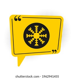 Icono de copo de nieve negro aislado en fondo blanco. Símbolo amarillo de burbuja de habla. Vector